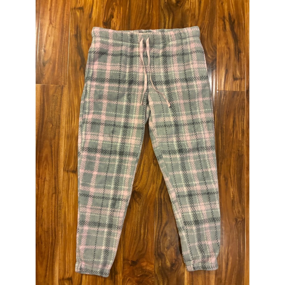 JoySpun Pink Gray Plaid Plush Fleece Pajama Pants Joggers Womens Large 12-14